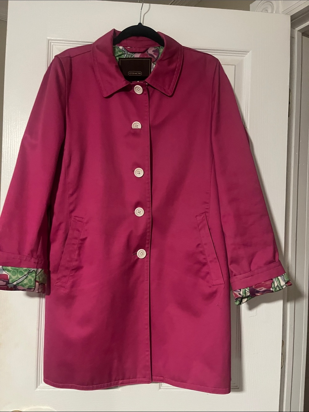 Coach Hot Pink Trench Coat with Floral Trim